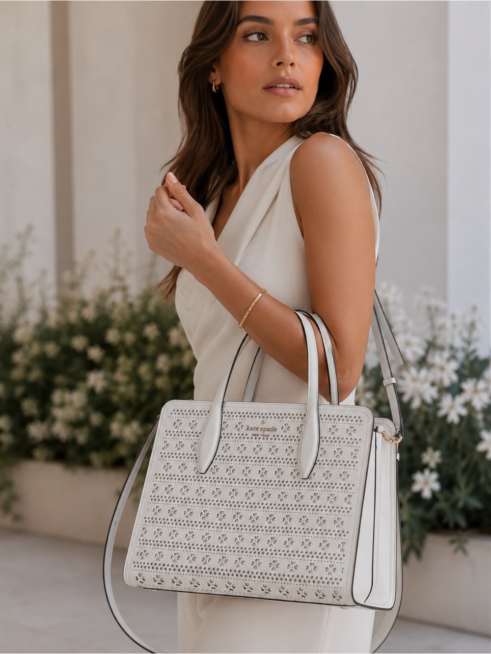 kate spade White Perforated Leather Tote with Top Handles